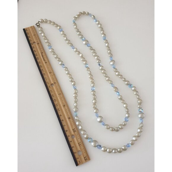 Glass Imitation Pearl Necklace Blue Crystal Beads 51 Inches Vintage Mom Gift - Picture 4 of 4